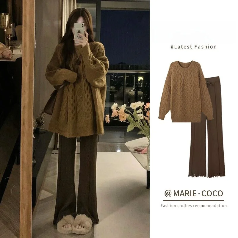 

Slimming Effectiven Women's Sweater And High Waist Casual Pants Loose Fit Two Piece Set Versatile Autumn Faion Outfit
