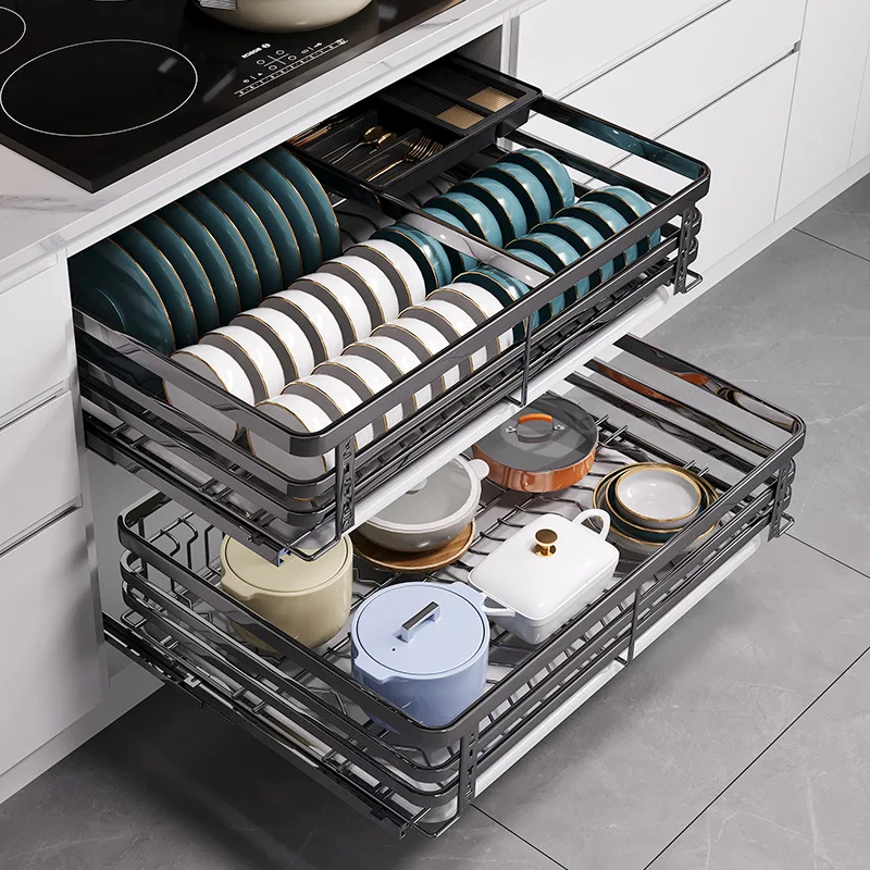 

Pull Basket Kitchen Cabinet Double Layer Dish Cabinet 304 Stainless Steel Storage Dish Rack Dish Basket