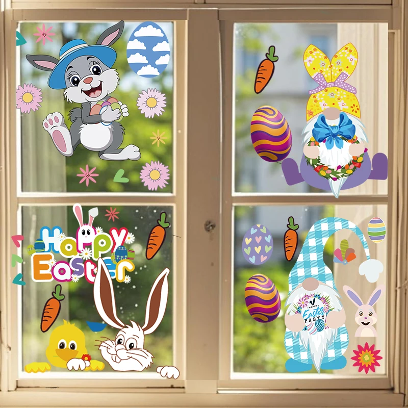 Fensteraufkleber „Frohe Ostern“, Cartoon-Zwerg, Kaninchen, Eier, Glasaufkleber, DIY, PVC, elektrostatische Aufkleber, 2025, Frühlings-Osterdekoration