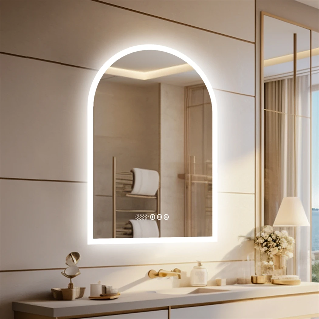 Arched LED Bathroom Mirror 600x900mm Smart Dimmable Wall Lighted Vanity Mirror with Time Temperature Dispaly Anti-fog 3 Colour