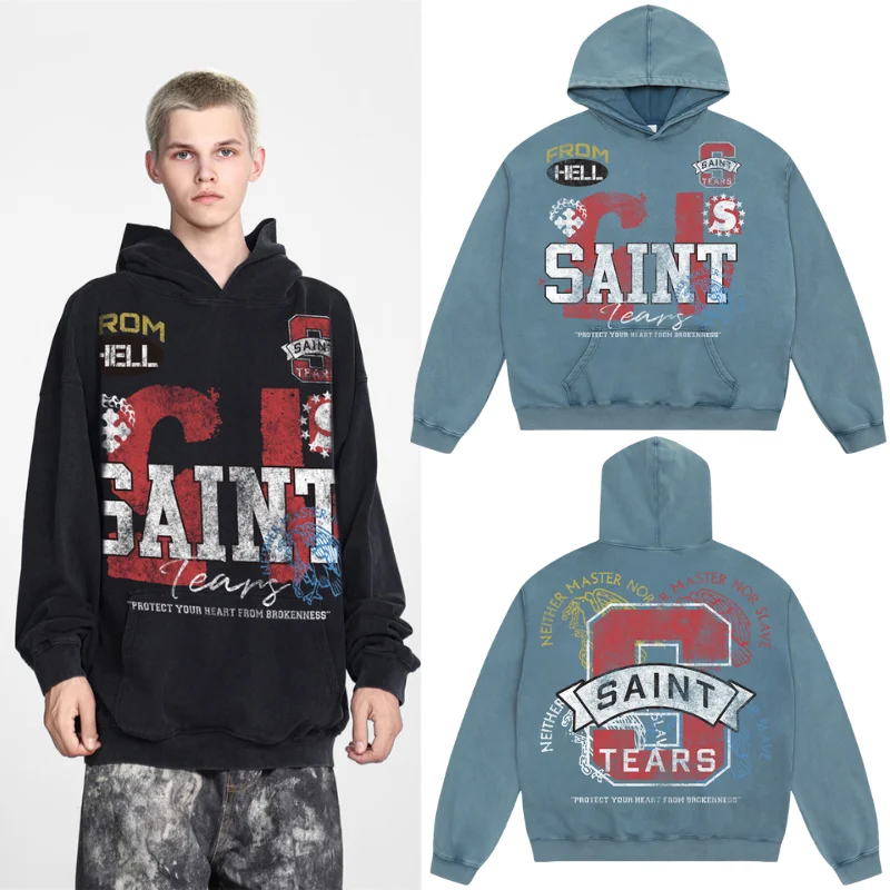 Saint Hoodies Hip Hop Vintage Heavy Wash Make Old Cotton Hoody Sweatshirts for Men Women Haikyuu