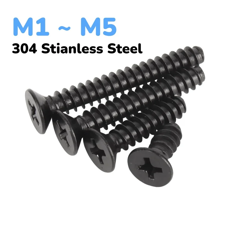 Black 304 Stianless Steel M1 ~ M5 Cross Recessed Countersunk Head Self-tapping Screw Flat Tail Cutting