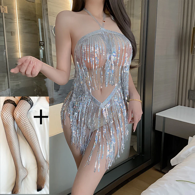 Sexy lingerie seductive passion winter pajamas hot sequins Hanging neck skirt ball dress uniform seductive Sexy underwear