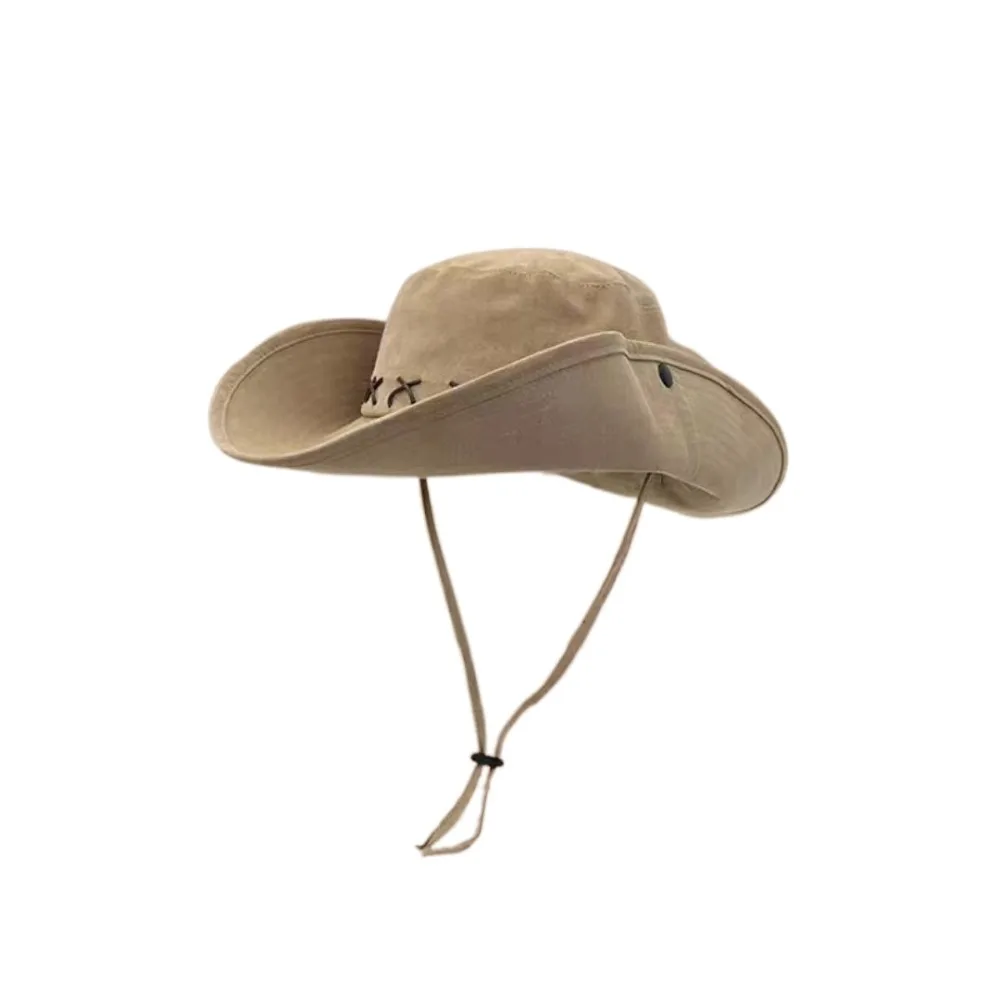 

Vintage Breathable Western Cowboy Hat Solid Color Retro Wide Brim Sun Hat Mountaineering Anti UV Fisherman Sunshade Cap Beach
