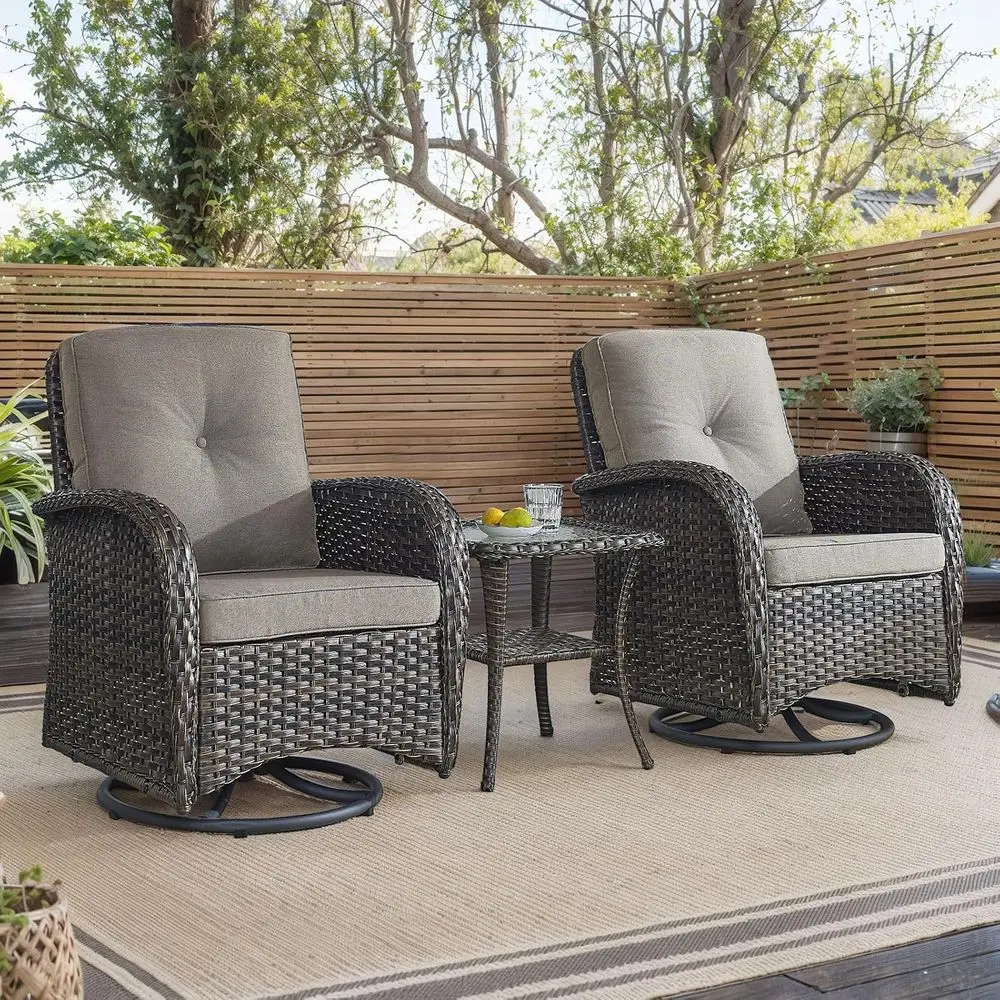 

3-Piece Outdoor Wicker Swivel Rocking Chair Set with Side Table for Patio, Garden, Porch, Backyard - Brown/Grey