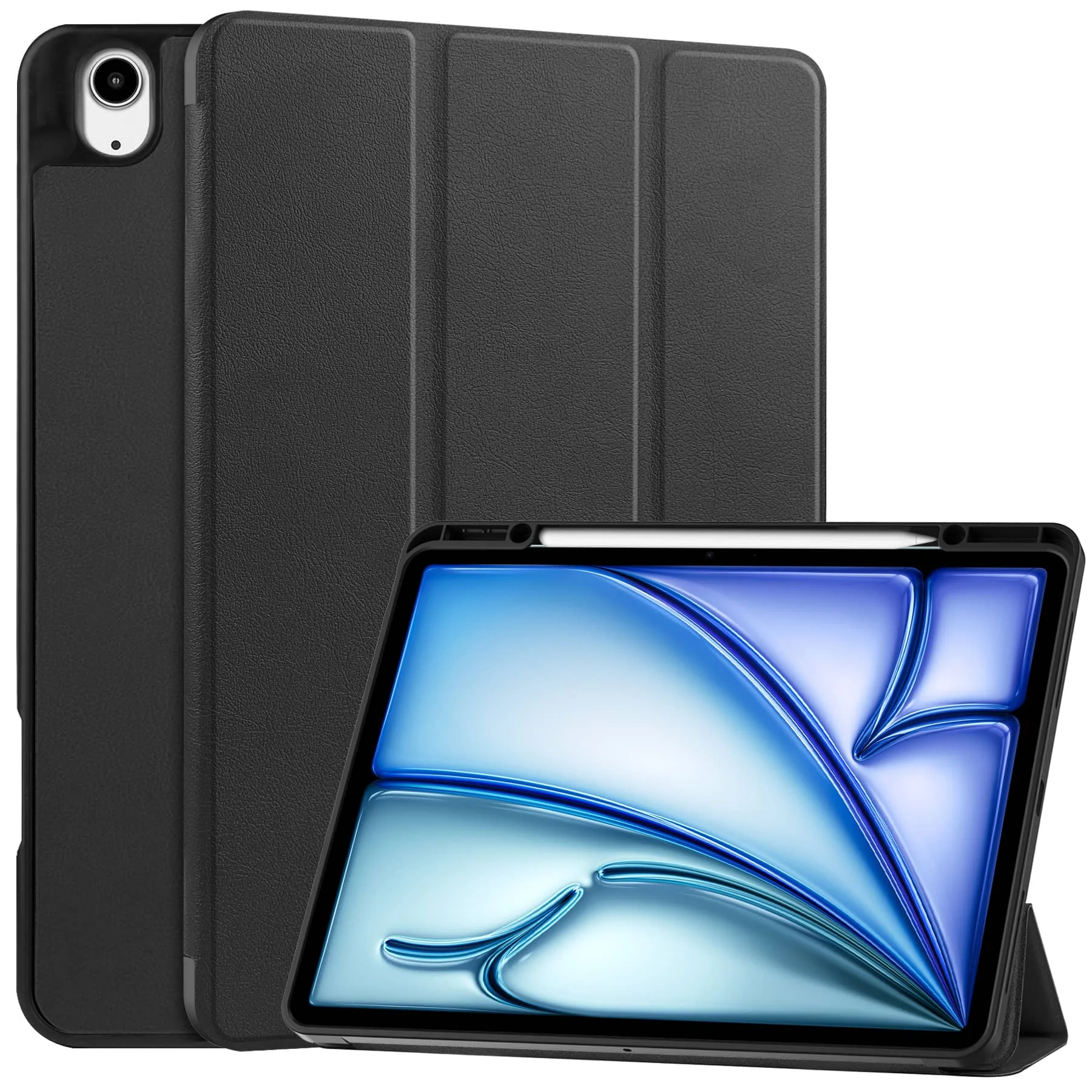 For iPad Air 13 M3 M2 Pro 12.9 2018 with Pencil Holder-[Tri-fold Stand + Auto Wake/Sleep], Premium PU Leather Case Shockproof