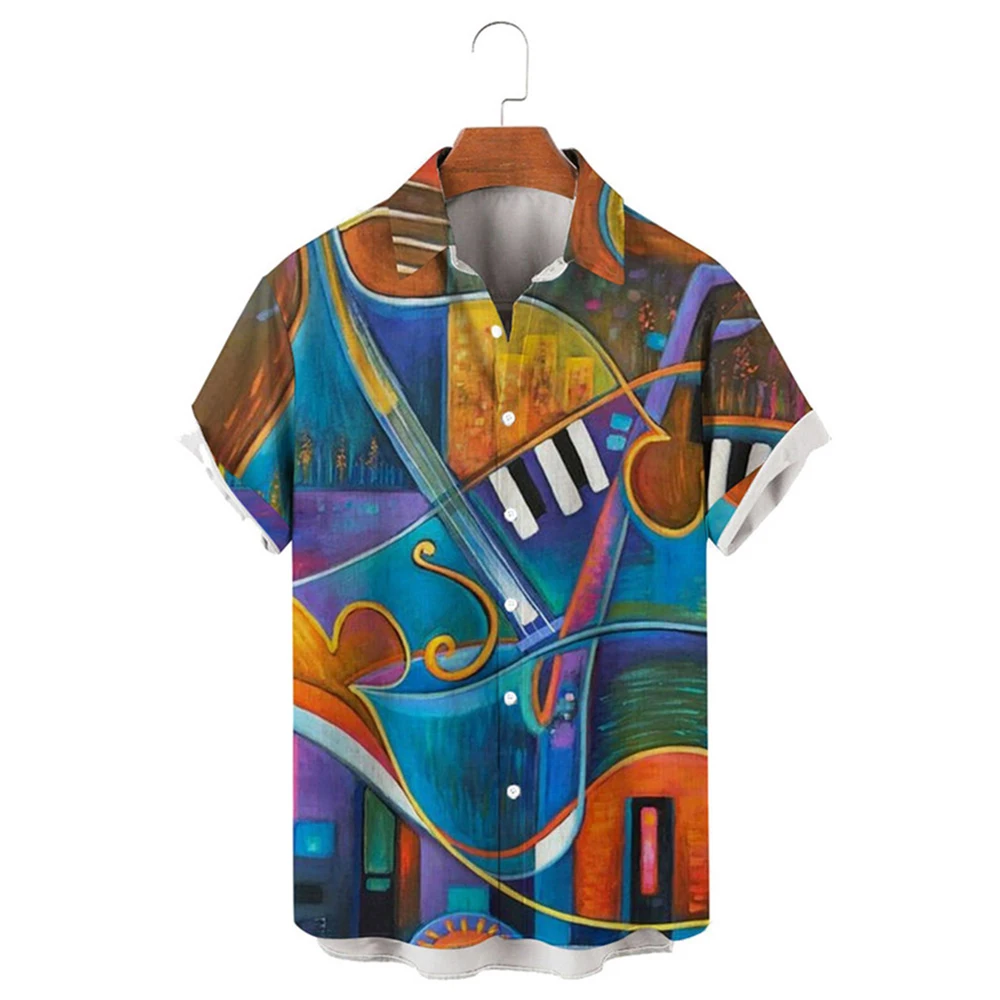 HXFashion Men Shirts Jazz Art Graffiti Splicing Casual Shirts 3D Graphic Streetshirts Beach Shirt Streetwear Ropa Hombre