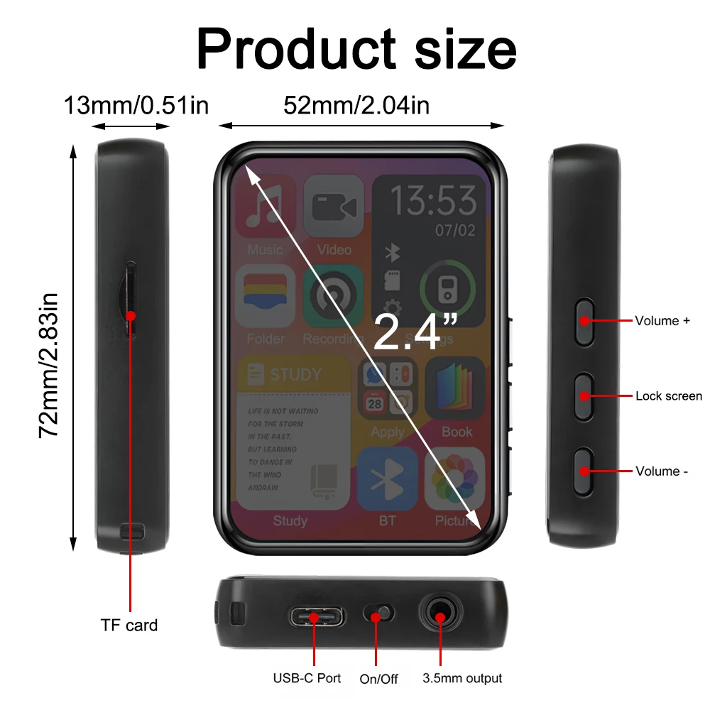 MP3 Music Player with Bluetooth 5.4 HiFi MP3 Walkman 2.4 " Touch Screen Built-in Speaker/Recorder/Video/Picture/E-book