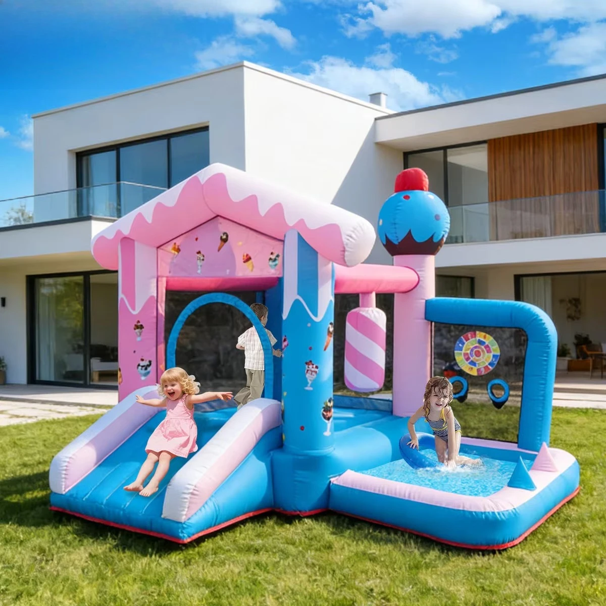Inflatable Bounce House Bouncy Castle Oxford Large Bounce House with Double Slides for Backyard Birthday Party Backyard Outdoor