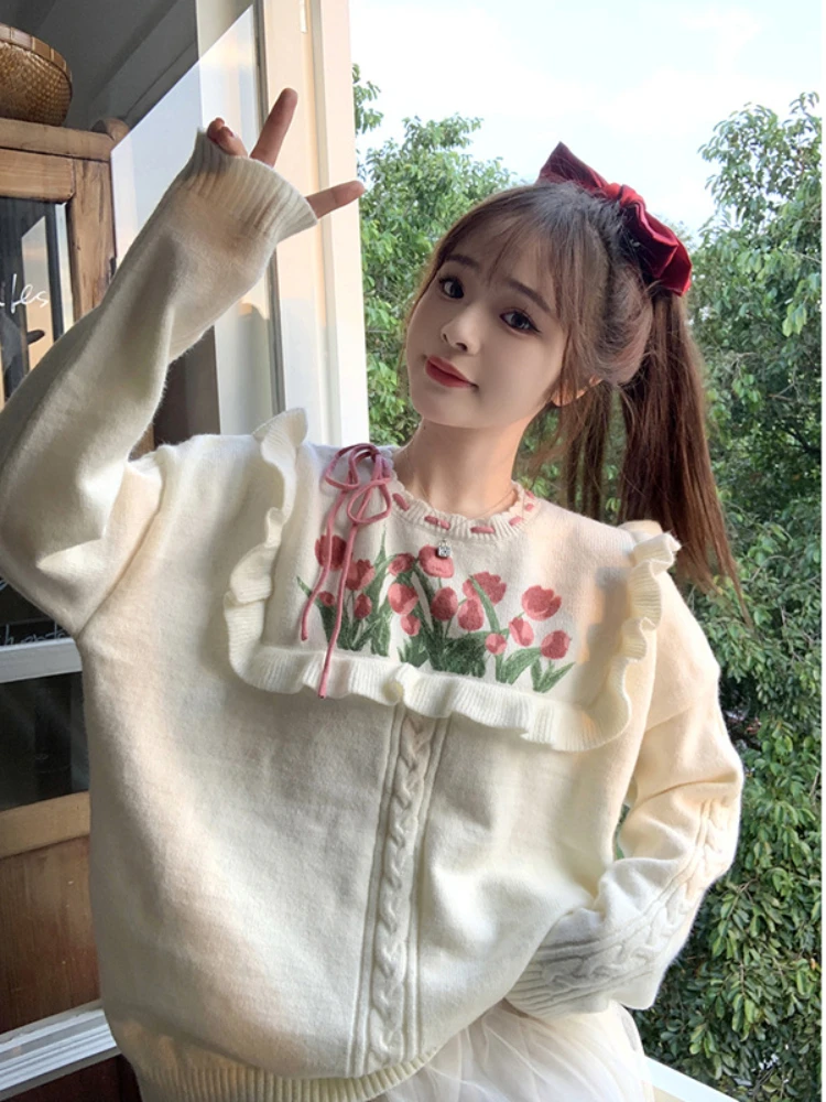 Korobov Japan Style Edge of Fungus Knitting Pullover Sweet Age Reduction O-neck Drawstring Sweater Loose Embroidery Flowers Coat