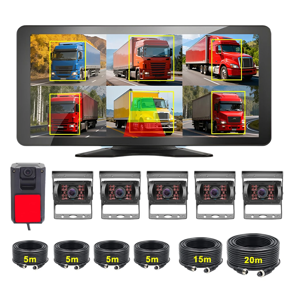 Truck BSD DVR Monitor System 10.36 Inch 6CH 6Pcs AHD 1080P IR Night Vision Cameras Blind Spot Radar Alarm 360° Surveillance