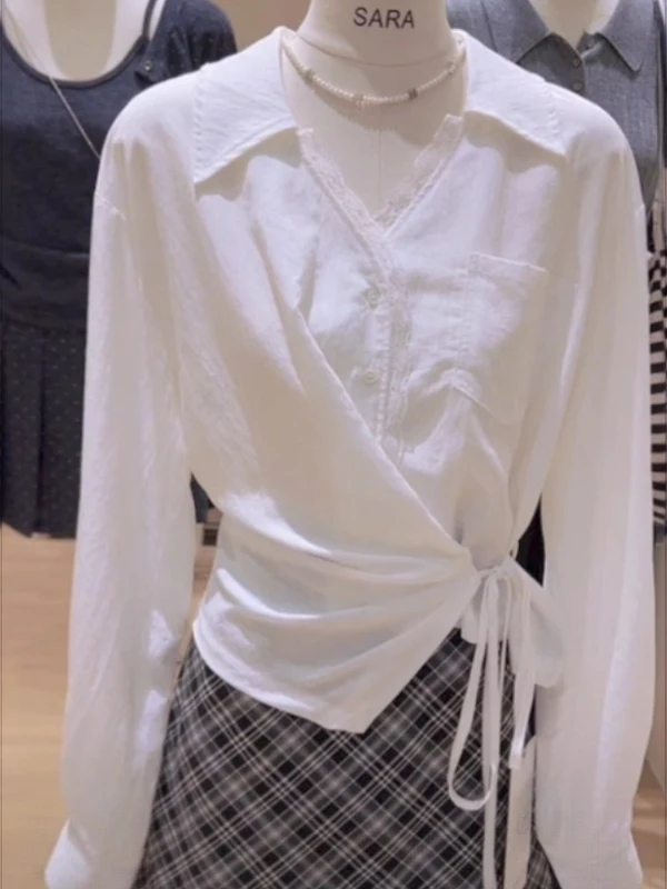 

Elegant White Lace Splice Long Sleeve Shirt Women's Early Autumn Waist Cinching Belted Slimming Top Gentle Style