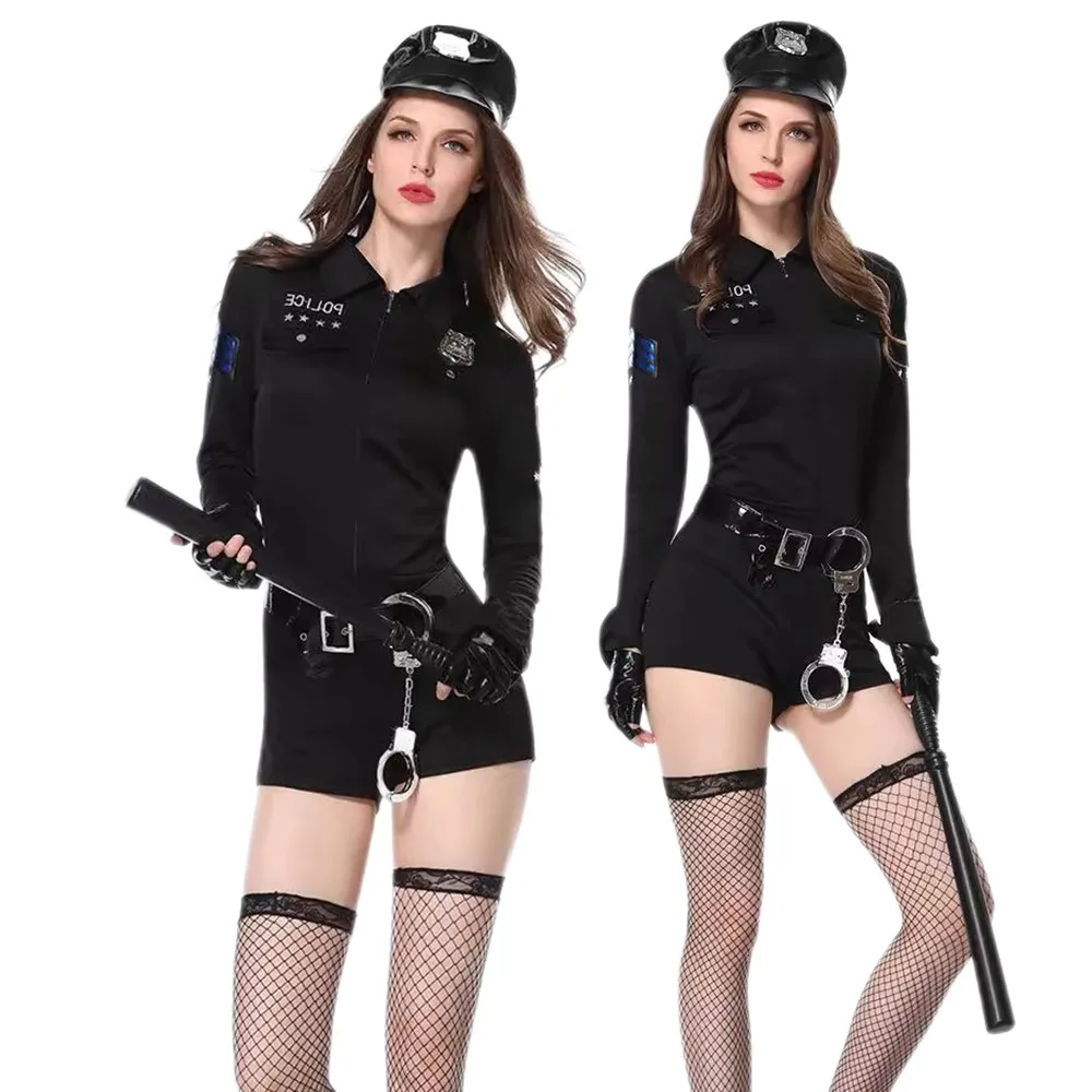 

Woman Costume Sexy Blace Police Uniform Bodysuit Hat Gloves Outfit Halloween Carnival Party Disguise Roleplay Suit