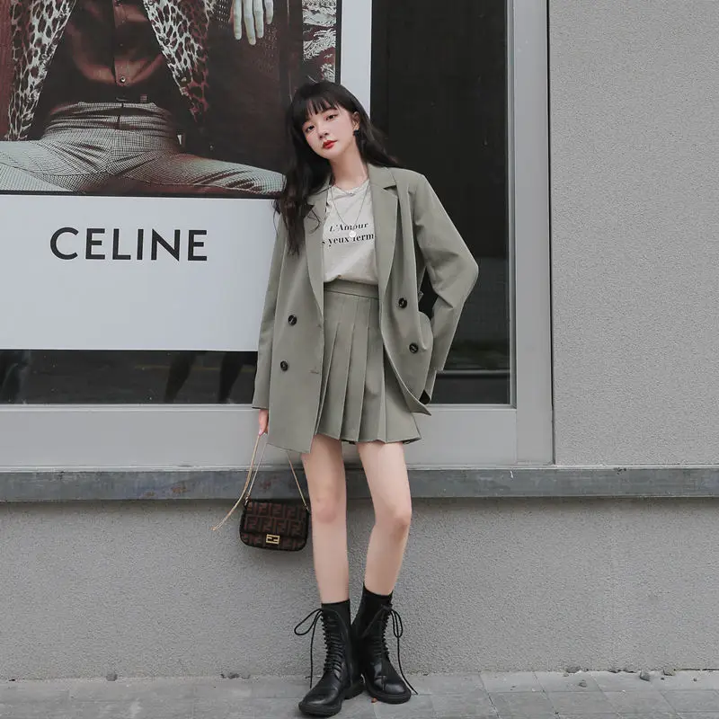 Small Suit Female Korean Spring and Autumn Jacket + Pleated Skirt Two-piece College Style Student Female Suit