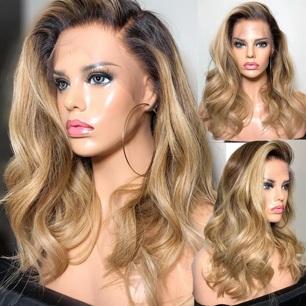 

Brown ombre honey blonde lace front wigs human hair Natural Wave Brazilian Remy 360 full Lace Frontal Wigs HD Transparent lace