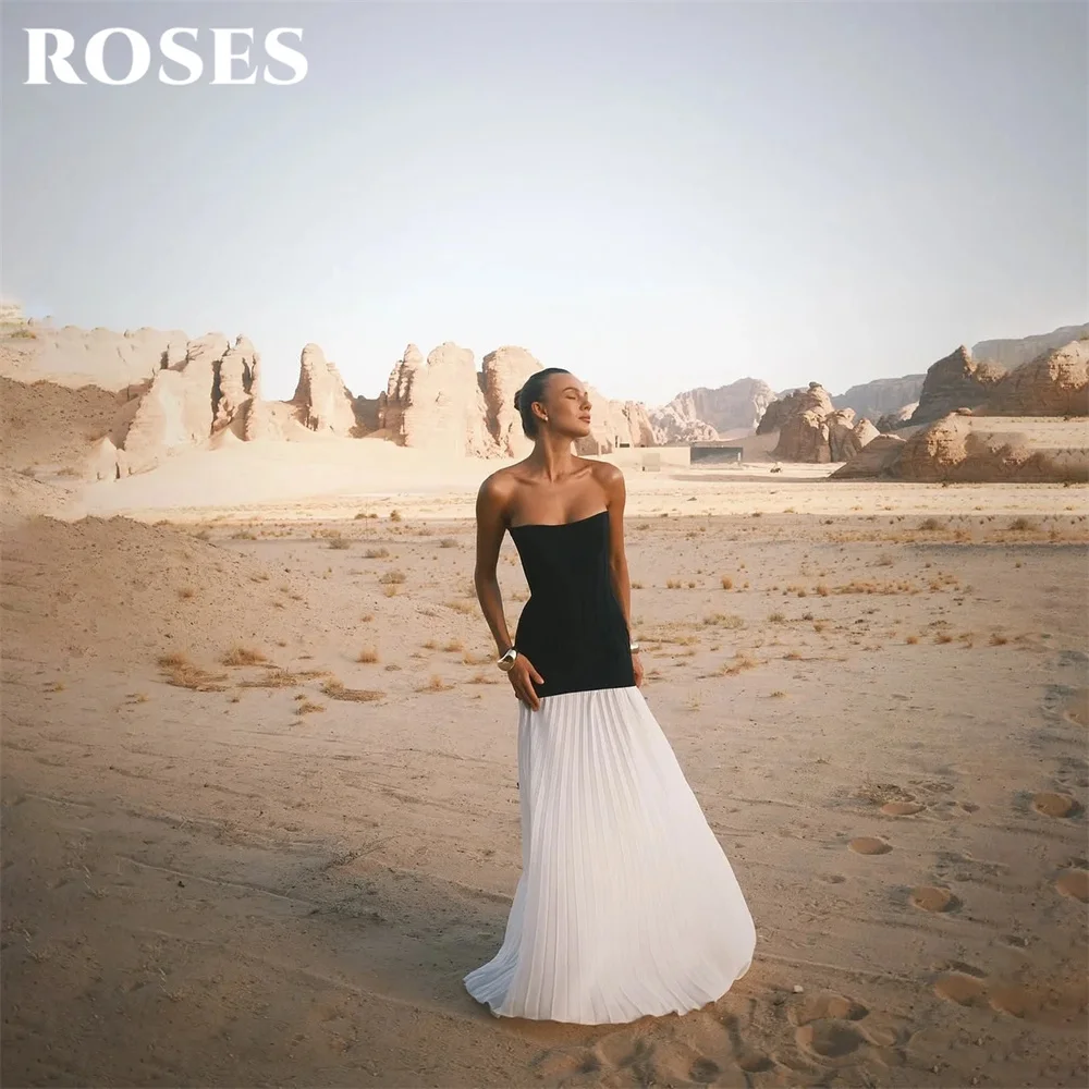 

ROSES Black and White Evening Dress Strapless Sleeveless Prom Dresses Straight Party Formal Gown Simple robe de bal Customized