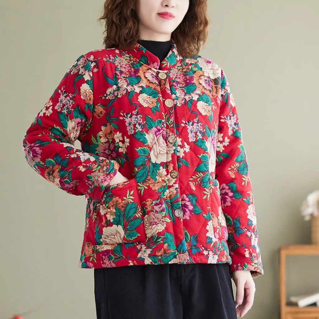 

Women's Fleece-Lined Padded Top High-Grade Cotton Linen Ethnic Style Printed Neck Protection Small Collar Winter