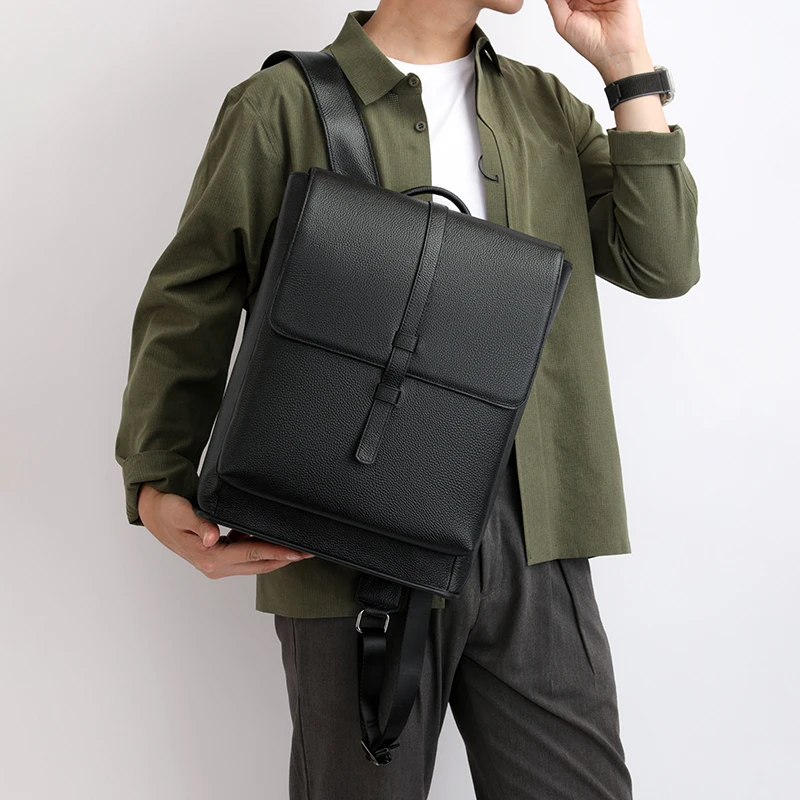 Men Genuine Leather Backpack Top Quality Nappa Leather Flap Women Rucksack Natural School Bag Office Daypack Black Travel Pack