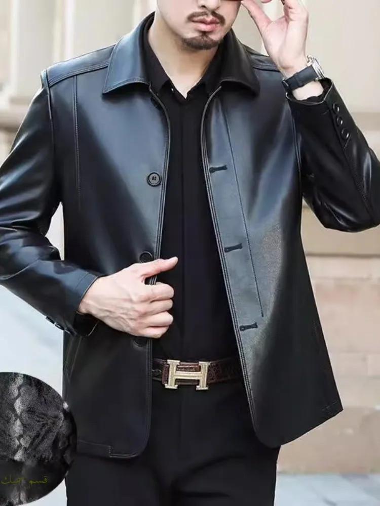 Men's Sheepskin Leather Jacket Mid-aged And Elderly Fleece Lined Stand Collar Casual Style Button Detail Outerwear