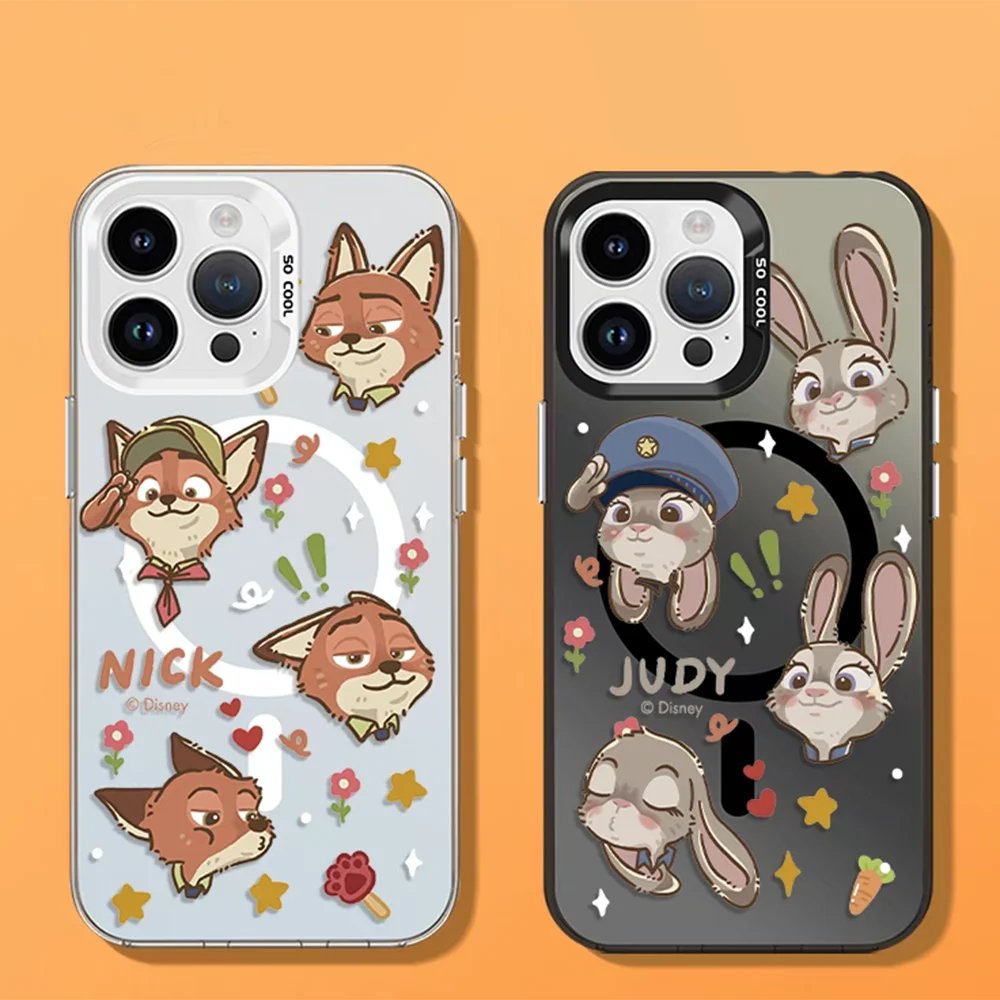 Disneys Z-Zootopia Couple Magsafe Magnetic Case for Samsung S25 S24 S23 S22 S21 S20 FE Plus Ultra 5G Soft Silver Plated Cover