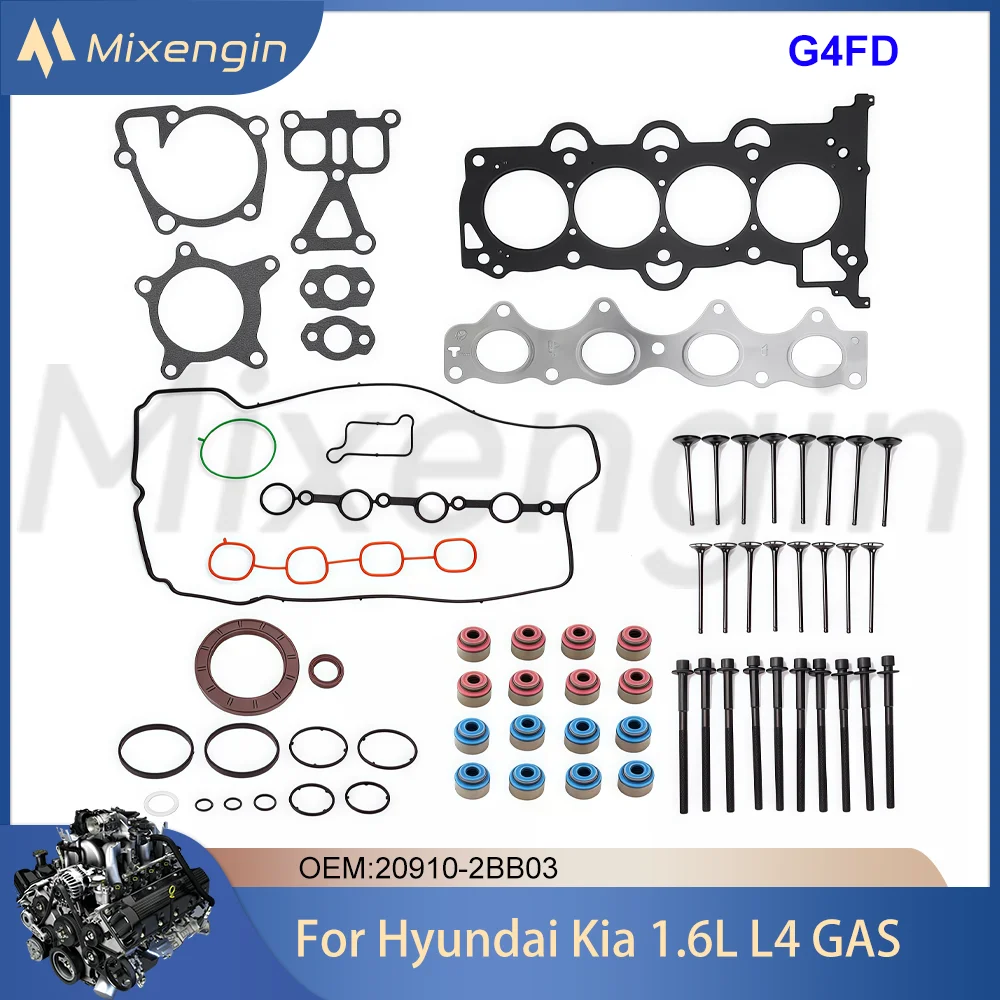 Engine Full Cylinder Head Gasket Bolt Intake & Exhaust Valve Set Kit For Hyundai Kia 1.6 L4 GAS G4FD 10-22 Rebuild Overhaul Kit