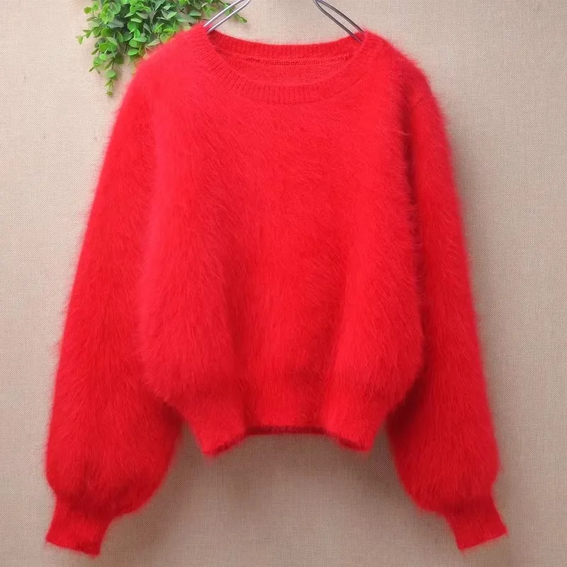 04 ropa de Otoño Invierno para mujer, dulce Rosa, pelo de conejo Angora tejido con cuello redondo, blusas ajustadas de manga larga, Jersey, suéter, Top