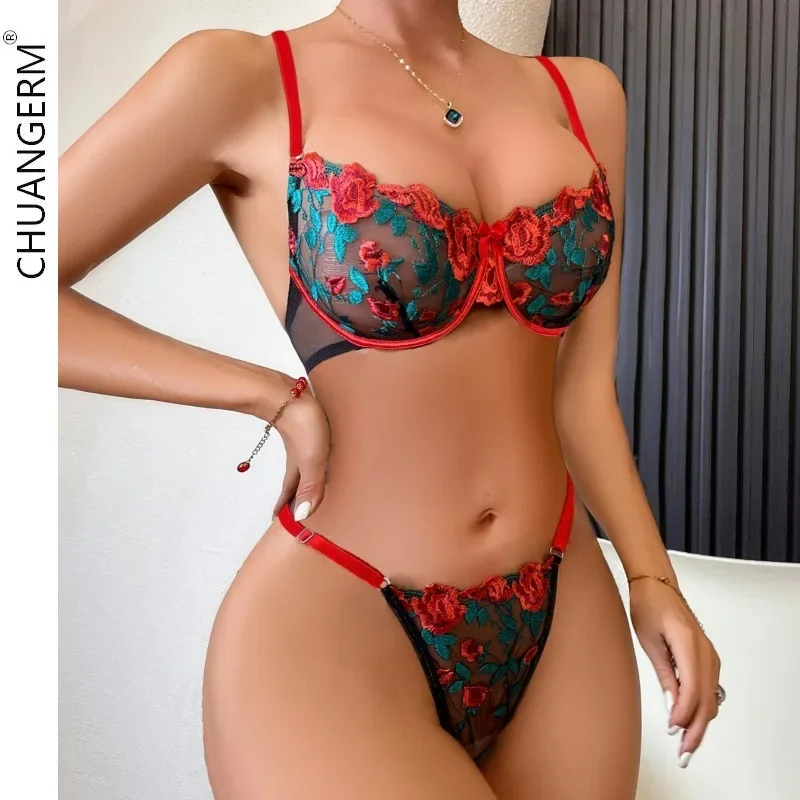 

CHUANGERM Flowers Lingerie Set Sexy Two-piece Set Embroidery See-through Underwear Woman Offer Erotic Women's Intimates Onlyfans