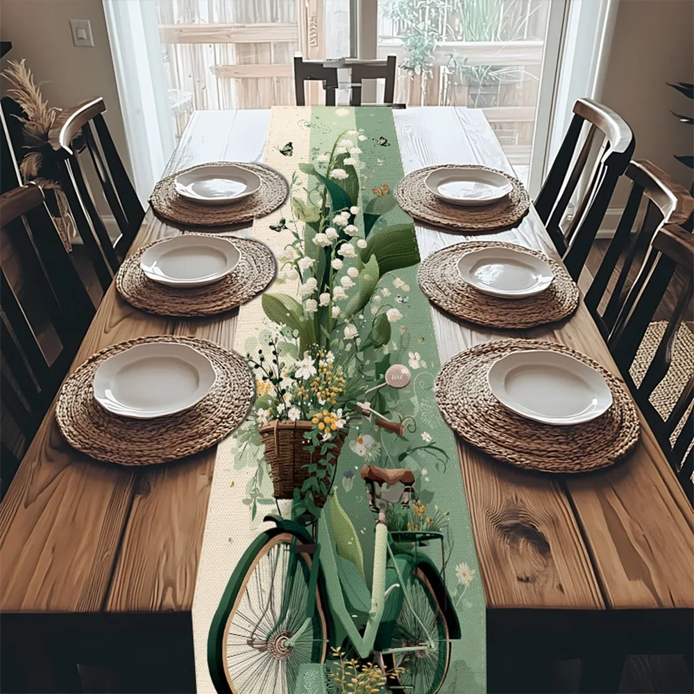 1 Piece Floral Bicycle Pattern Table Runner with Orchid and Butterfly Design, Suitable for Farmhouse, Indoor, Kitchen, Celebrations, Table Decoration, Restaurant, and Banquet Decoration Supplies