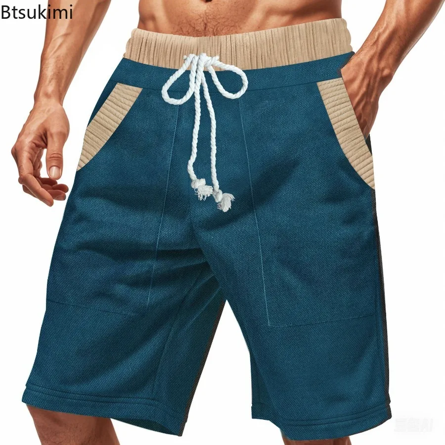 New 2025 Men's Summer Shorts Loose Casual Contrast Shorts for Men Trim Elastic Waist Pockets Shorts Male Outdoor Beach Shorts