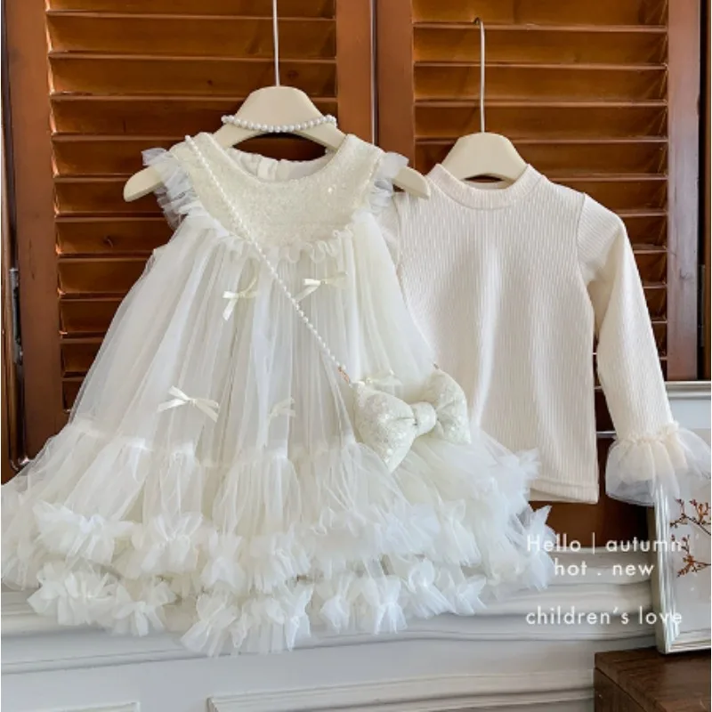 Baby Girls' Dress Set Winter 2026 New with Velvet Base Sleeveless and Velvet Love Dress Two Piece Set