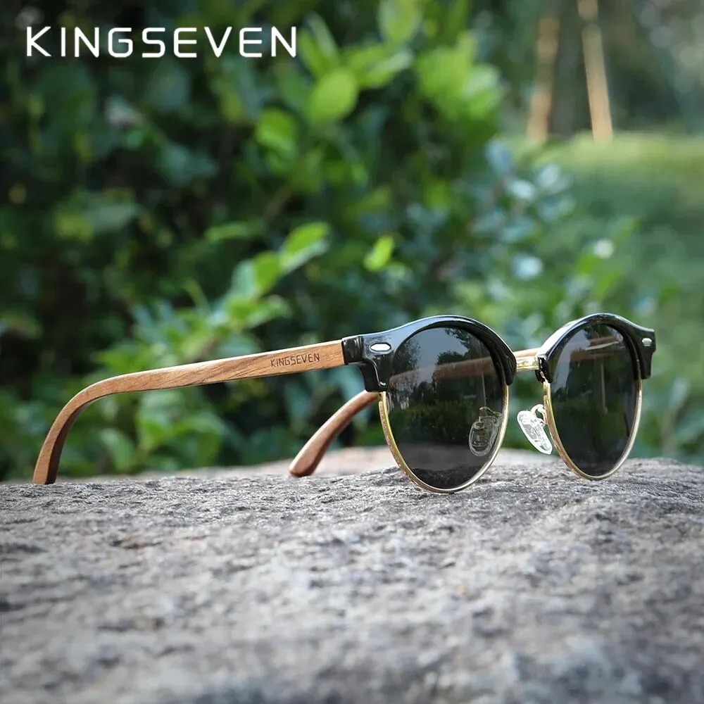 KINGSEVEN Fashion Handmade Walnut Round Sunglasses For Men Women Wood Polarized UV400 Glasses High Quality Accessory Eyewaer