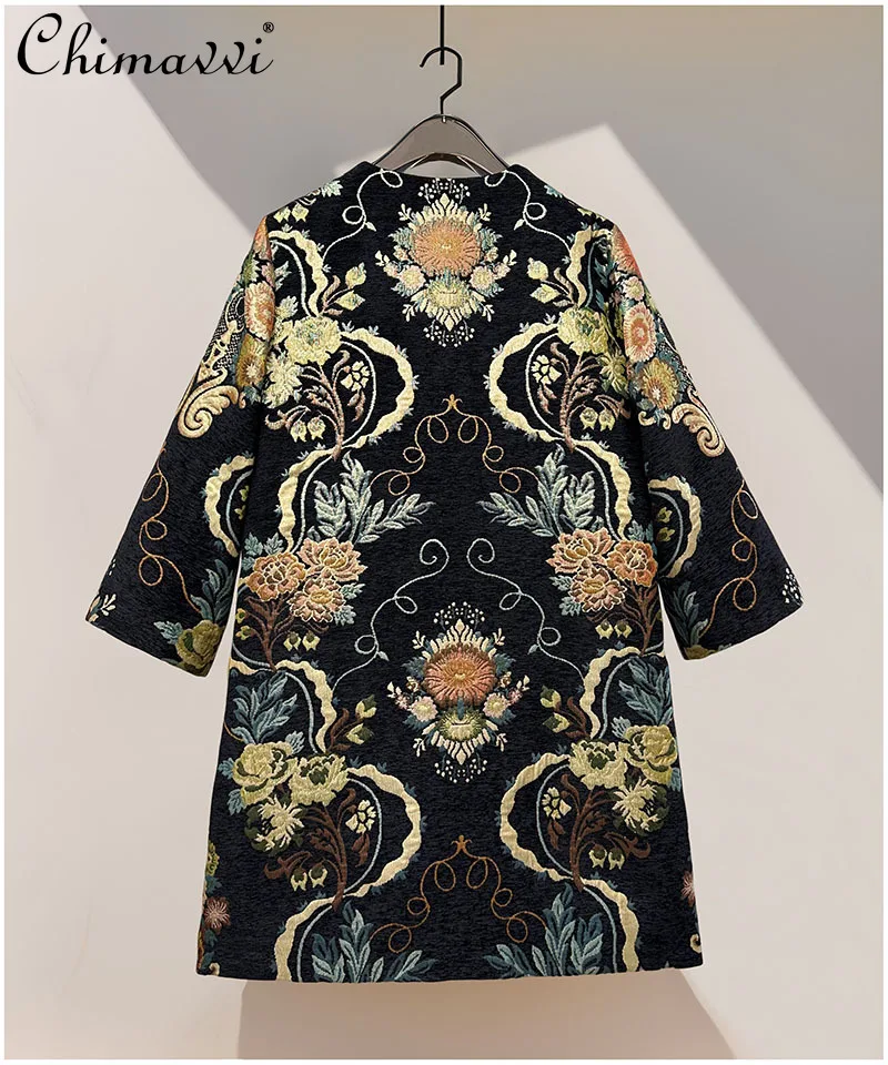 

French Elegant Socialite Vintage Blends Coat Embroidery Diamond Round Neck Long Sleeve Loose Versatile Long Jackets Women Winter