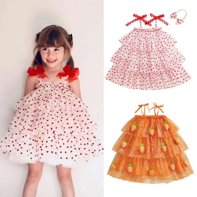 FOCUSNORM 4 Style 0-5Y Lovely Little Girls Valentine's Day Dress Sleeveless Heart Mesh Tulle Layered Ruffles Princess Dress