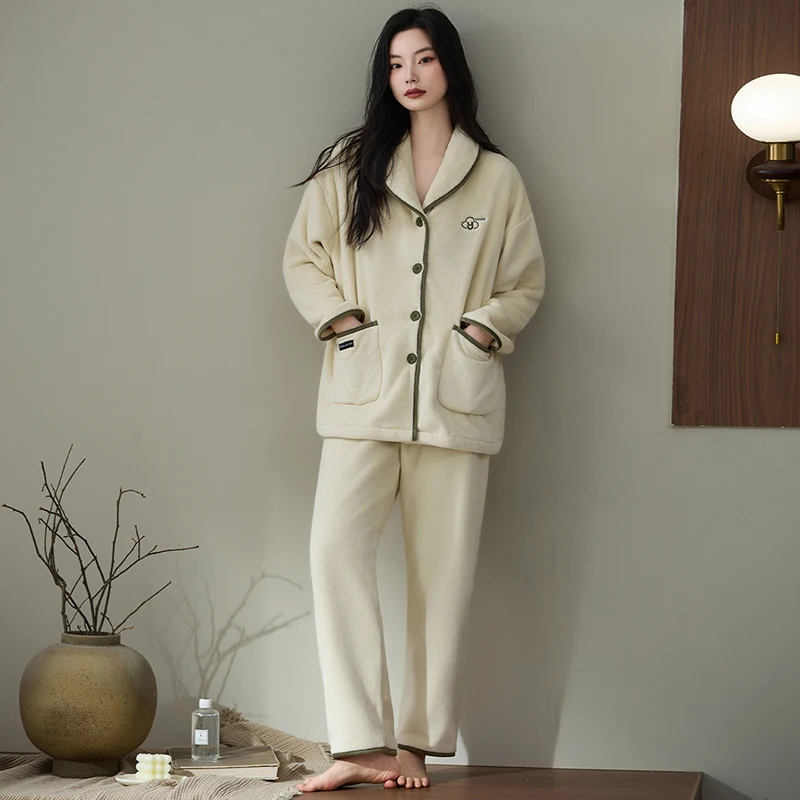 

High Quality Winter Women Pajama Set Warm Flannel Sleepwear Female Long Sleeve Nightwear