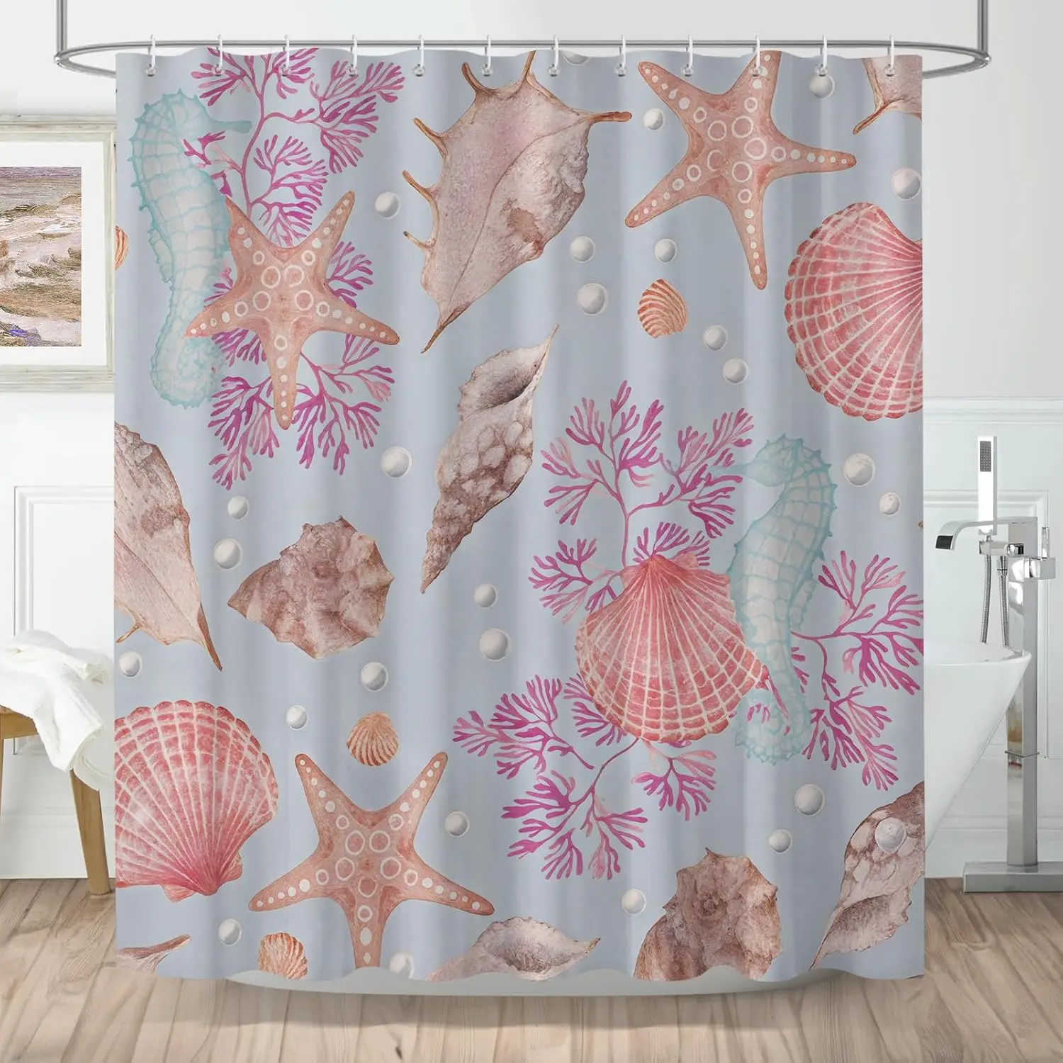 Nautical Coastal Shower Curtain, Beach Ocean Themed Shower Curtain Coastal Starfish Seahorse Seashells Coral Vintage Waterproof