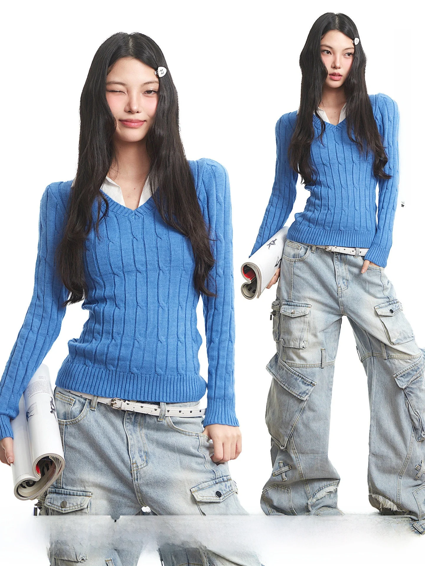

Blue Long Sve V-Ne Sweater Women's Slim Fit Knitted Top UNCMHISEX Sli Autumn Warm Color Commute Faion