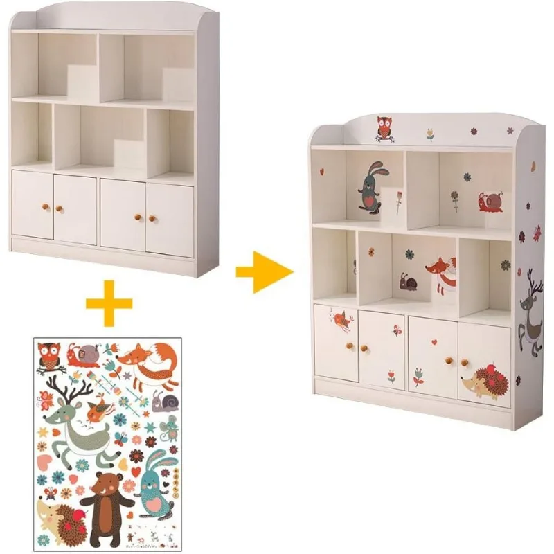 Kids Large Bookcase with DIY Sticker Book and Toy Storage Organizer Bookshelf with 4 Layers and Doors for Girls Boys Bedroom (Pi