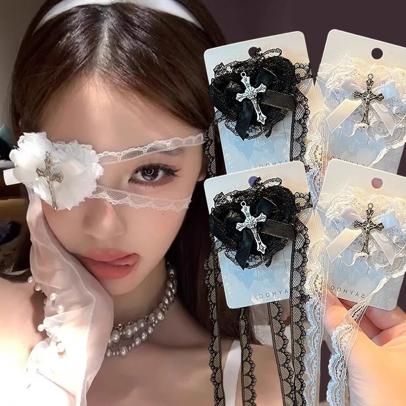 1/2pcs Gothic Punk Heart Bow Cross Lace Eye Mask for Women Lolita JK Eye Patch Eyewear Leg Chain Accessories Cosplay Decoration