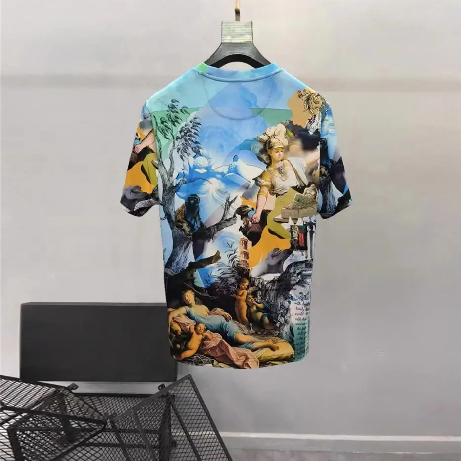 European and American men's 2023 summer new Round neck and short sleeves fashion Blue Angel Print T-shirt