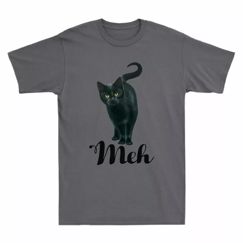 Sleeve Meh T-Shirt Short Cotton Black For Men's Funny Gift Cat Cat Cat Lovers