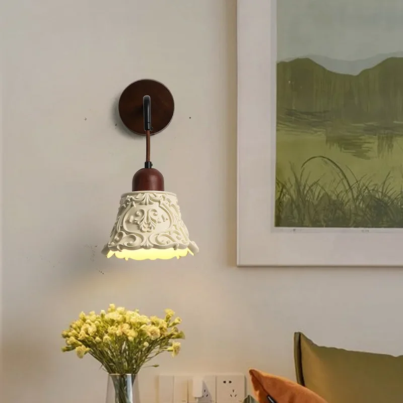 Resin pattern wall lamp LED solid wood residential bedroom bedside lamp living room background wall lamp