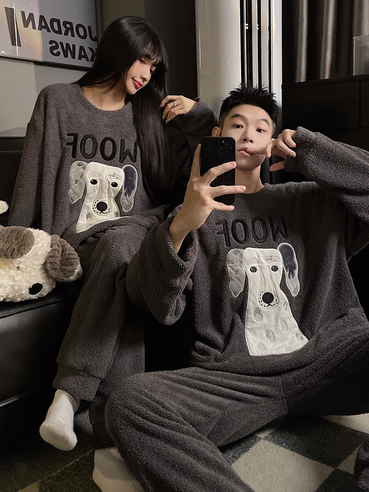 DAIMELU الشتاء ملابس خاصة مجموعة منامة الرجال المرجان الصوف الفانيلا سميكة الدافئة الذكور طويلة الأكمام الكرتون كبيرة الحجم المتسكعون مجموعة