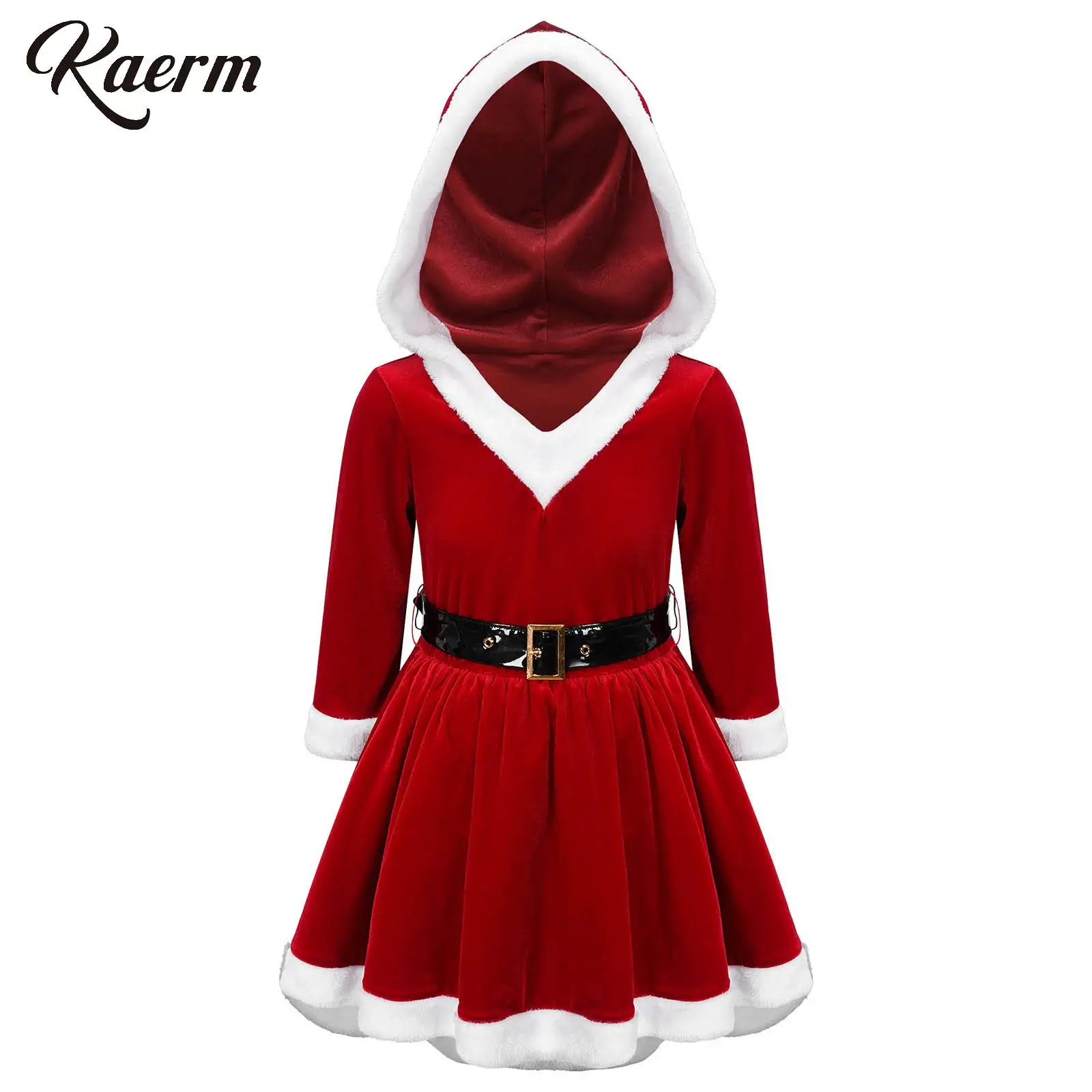 Kids Girls Christmas Costume Long Sleeve V Neck White Terry Edge Mesh Patchwork Velvet Hooded Dress with Belt Santa Mini Skirt