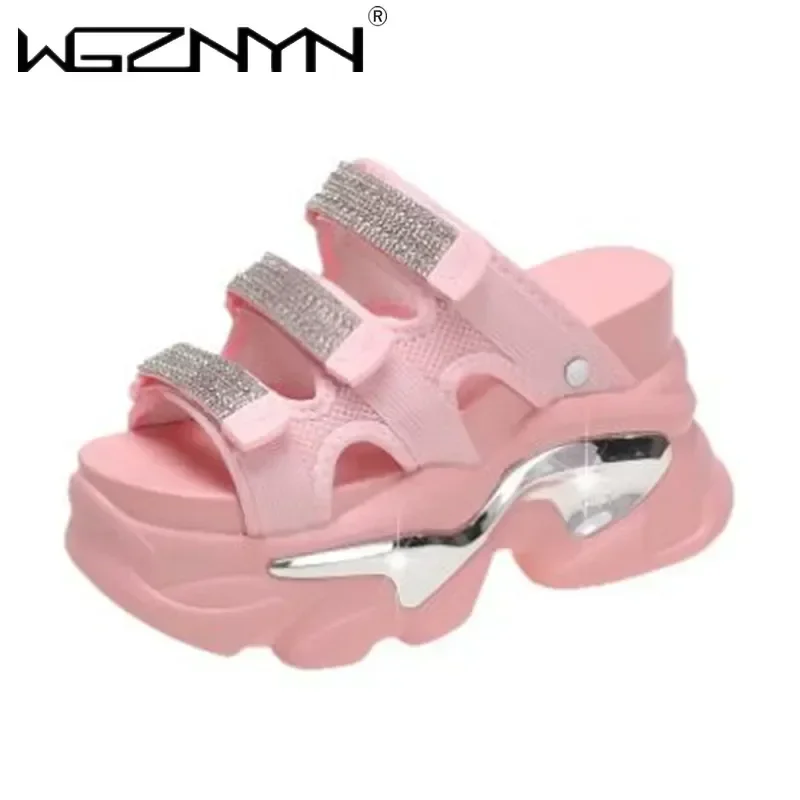 

High Quality Slippers Women Outdoor 10.5CM Bling High Heels Ladies High Platform Beach Slides New 2025 Summer Chunky Flip Flops