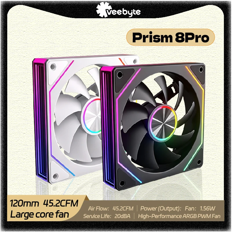 Veebyte PRISM 8PRO PC Fan 120mm ARGB 4Pin 5V-3Pin PWM Quiet Cooling Fan 12V Large Air Volume Computer Fan 45.2CFM/800-1600RPM