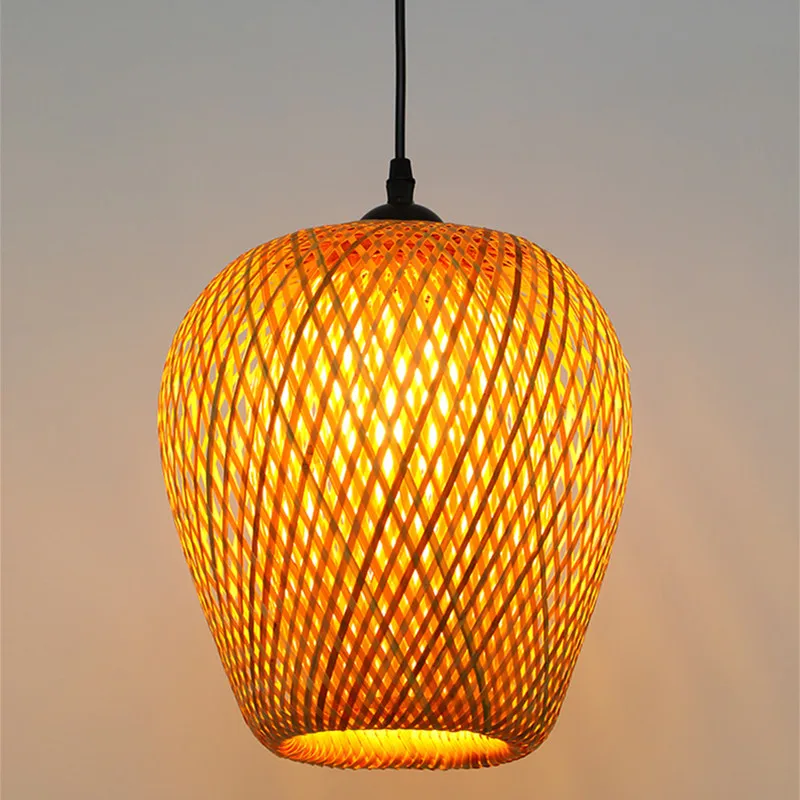 Ręcznie robiony Rattan bambusowy wisiorek LED światła Vintage tkane żyrandole E27 żarówka lampa wisząca restauracji zawieszenie połysk