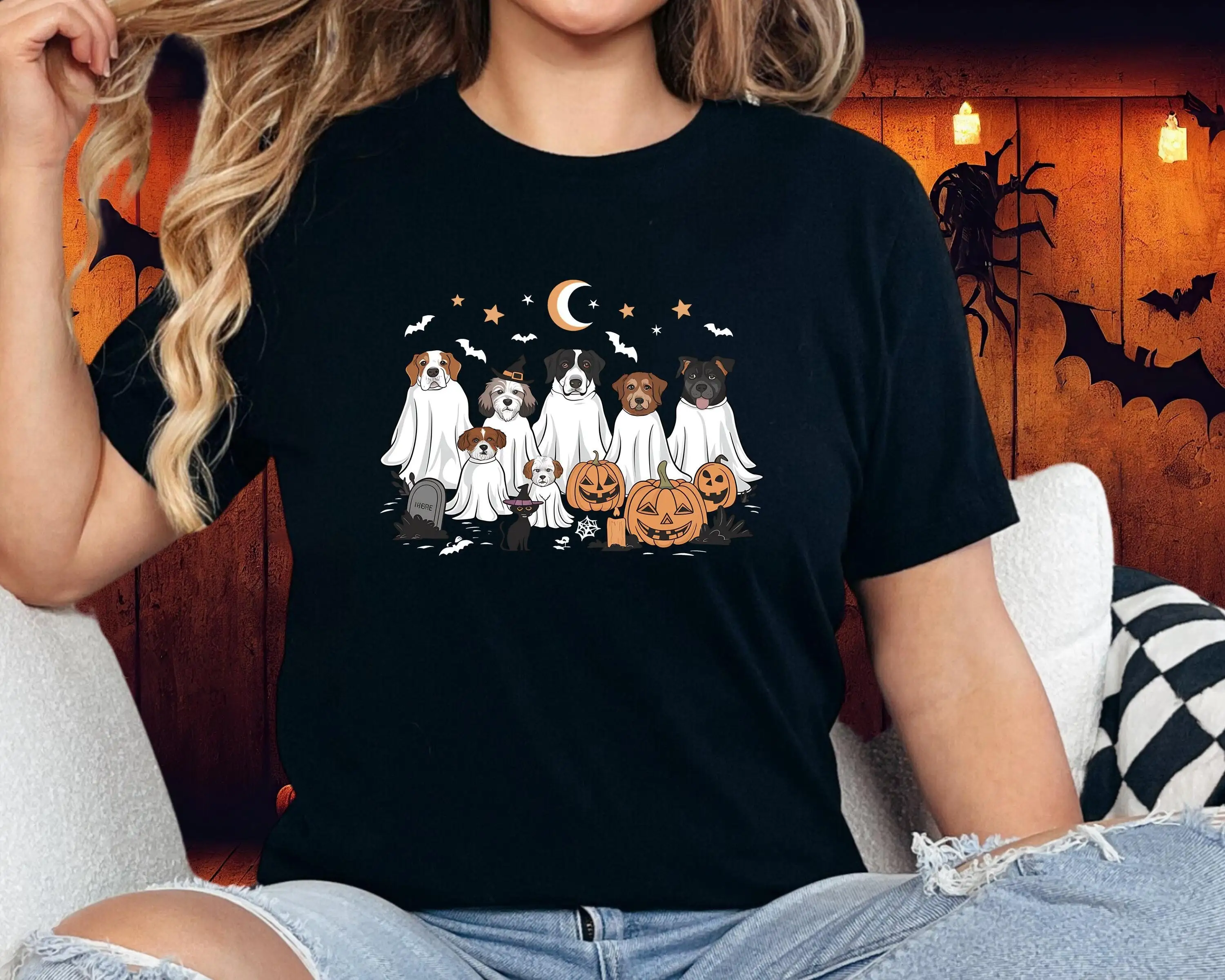 Funny Halloween Dog T Shirt Retro Ghost Cute Spooky Lover Season Outfit Trick Or Treat