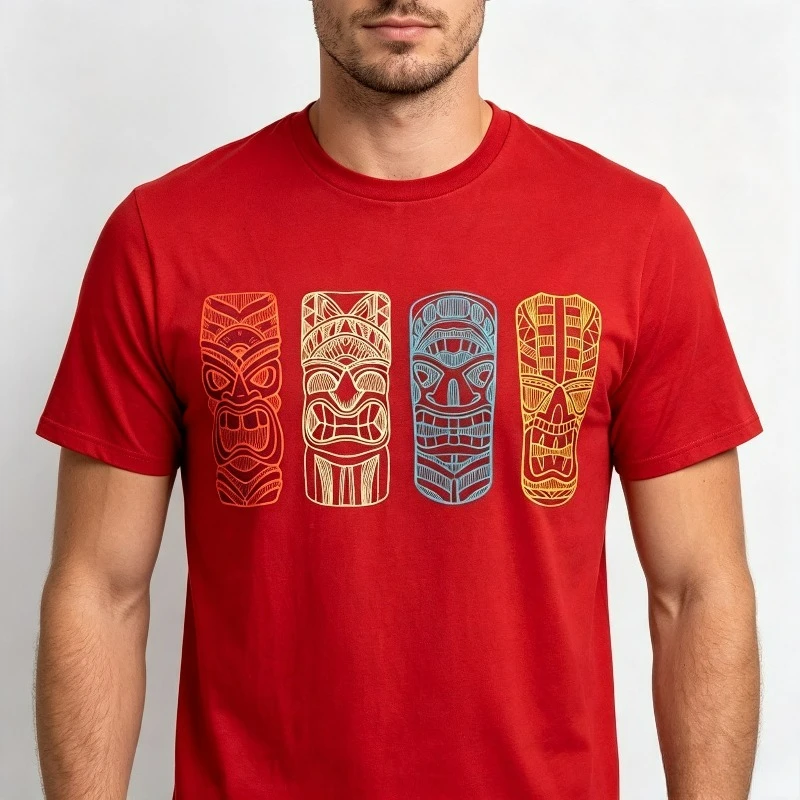 Vintage Tiki Hawaiian Polynesian Mask Four Totems Gift T-Shirt Men Clothing Tops Graphic T Shirts Vintage T Shirt Streetwear