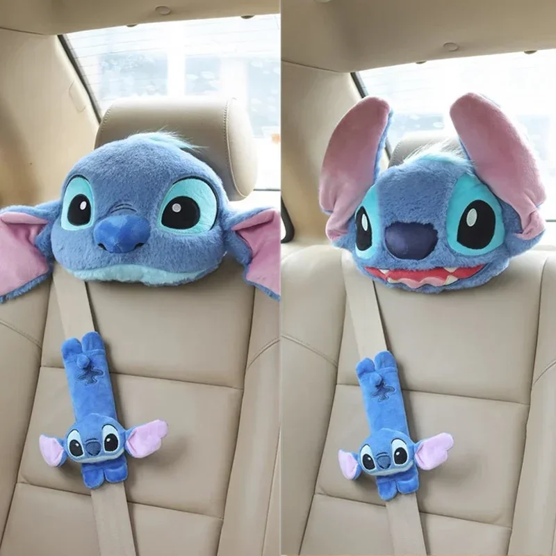 Stitch Disney Car Headrest Plush Anime Figures Seat Belt Shoulder Covers Accessories Interior Neck Pillow Comfortable Backrests