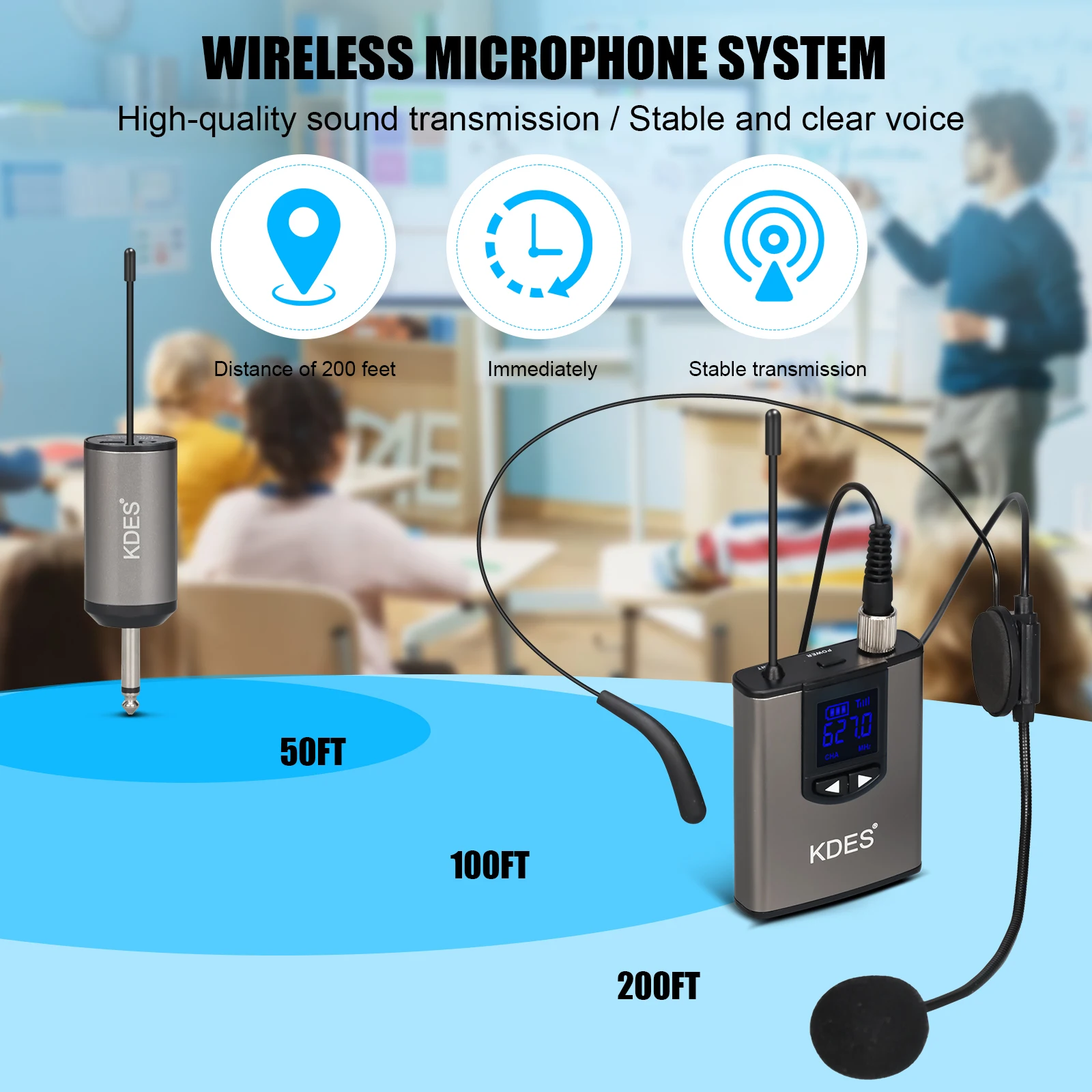 KDES Sistema con micrófono inalámbrico dual Auriculares con micrófono/Micrófono de pie/Micrófono de solapa Lavalier con transmisor y receptor de petaca recargable